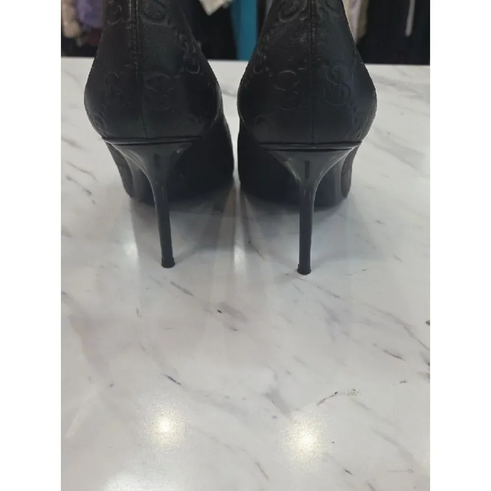 Gucci Black Embossed Open-Toe Stiletto Pumps